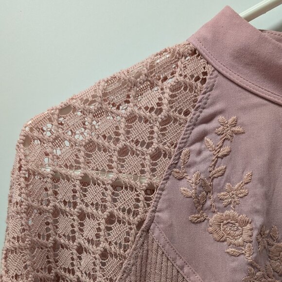 Free People Sweetest Thing Embroidered Thermal Top w/ Lace Sleeves in Blush Pink - Picture 6 of 16